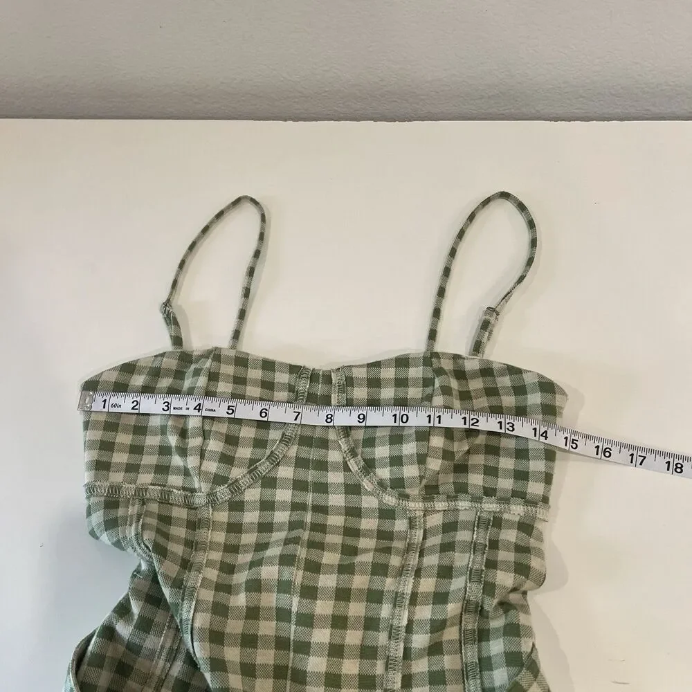 Free People Hold Me Tights Gingham Wide Leg Jumpsuit Green Linen Blend Size XS